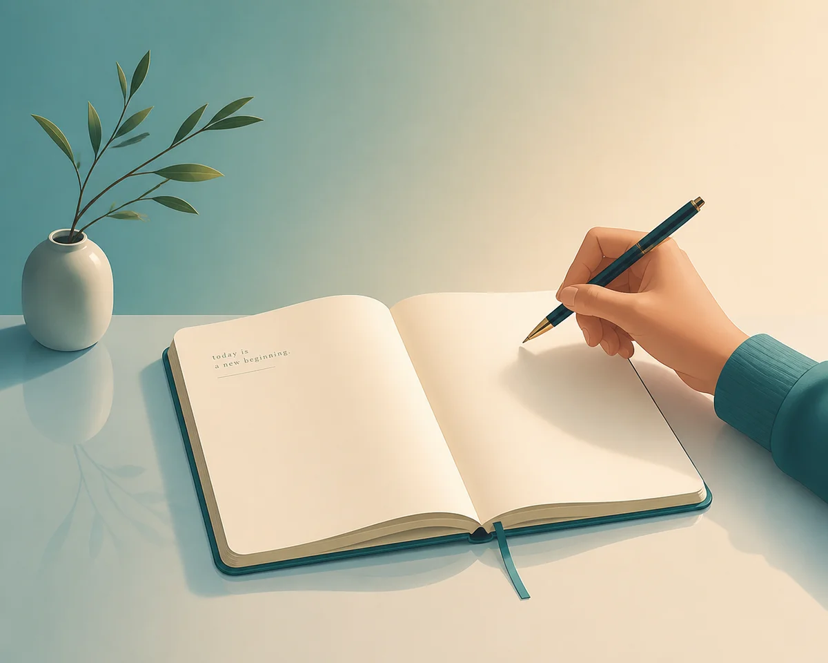 Open notebook with a pen hovering above, minimal gradient composition, reflection theme