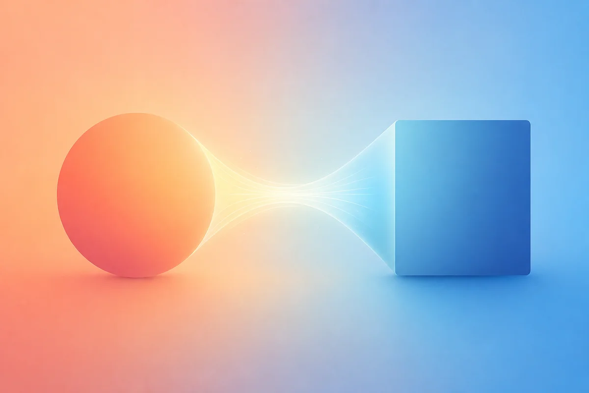 Two abstract geometric forms facing each other with a gradient bridge of light