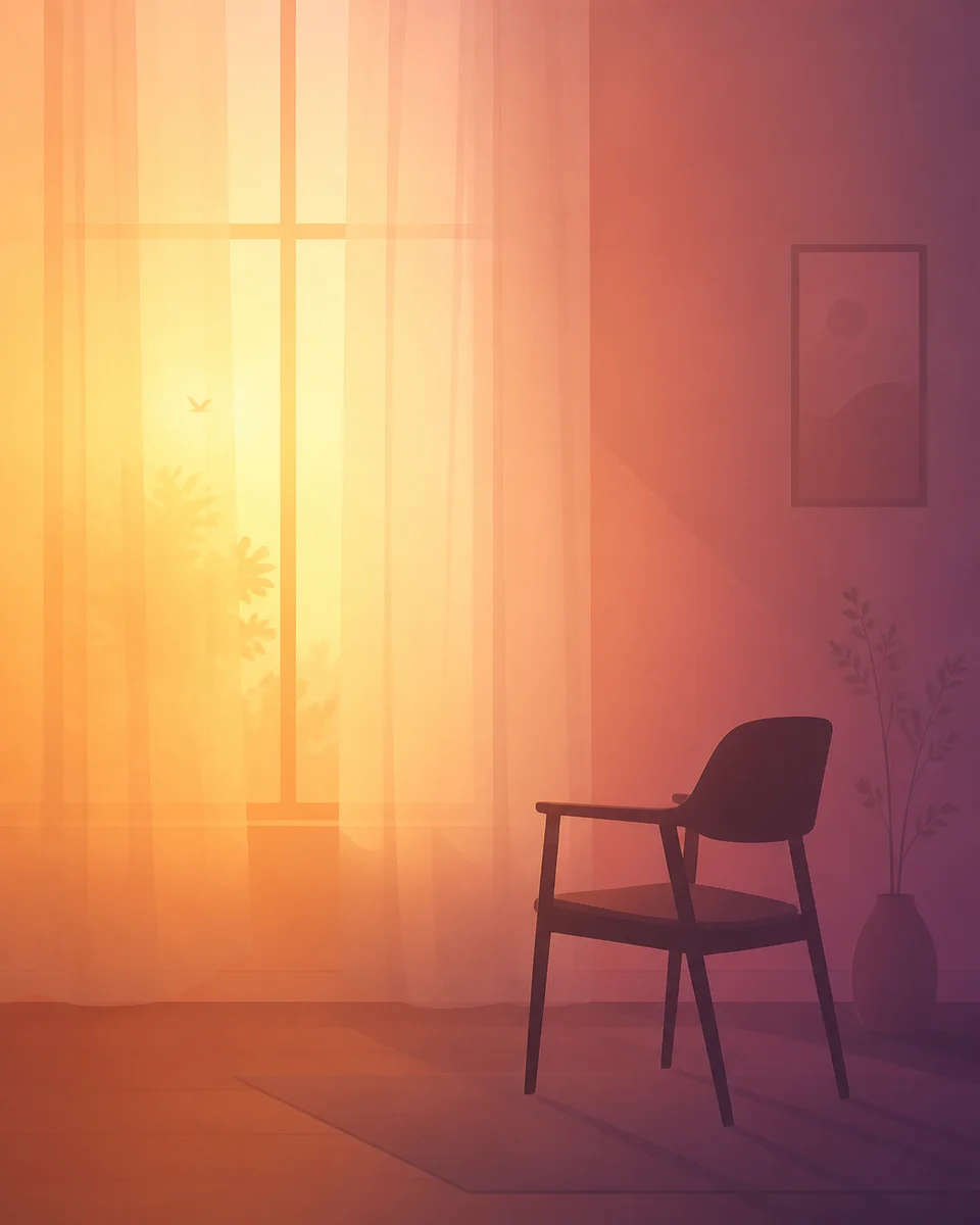 Window with soft morning light filtering through curtains, calm solitude theme