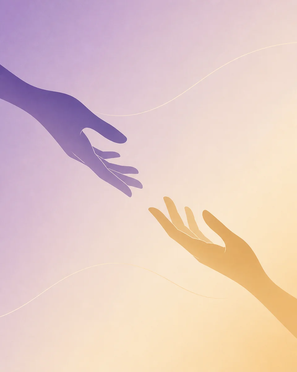 Two abstract hand shapes reaching toward each other in lavender and cream gradient