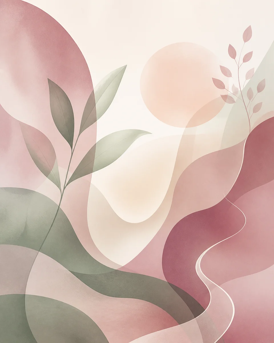 Layered translucent shapes in mauve to sage green gradient, growth and integration theme