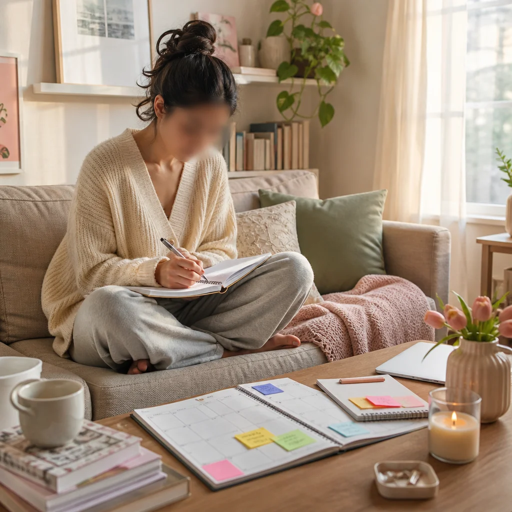 Lifestyle photography style, soft pastel palette. A cozy living room scene with a person sitting cross-legged on a sofa,