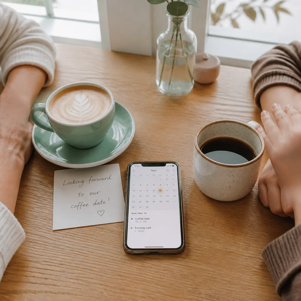 Lifestyle photography style, soft pastel palette. Two coffee cups on a wooden table at a cafe, one with a small handwrit