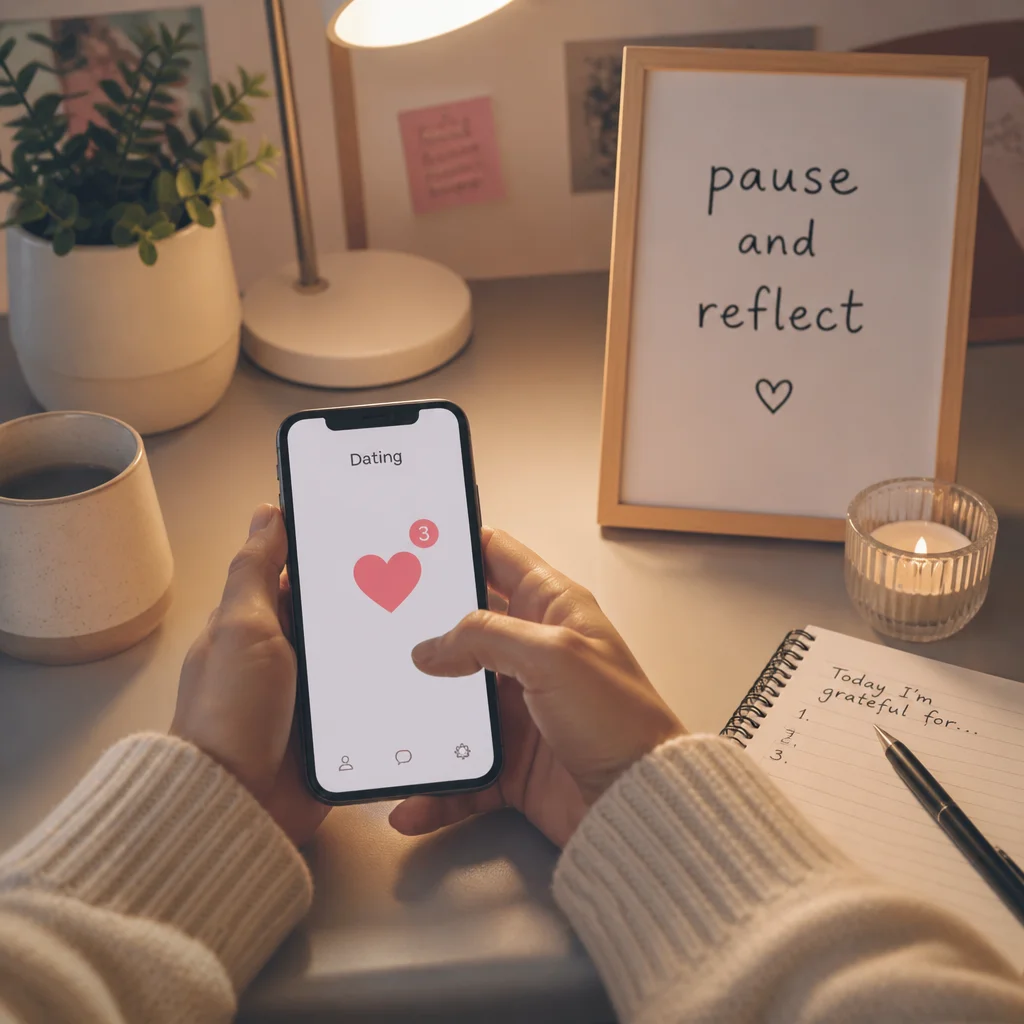 Lifestyle photography style, soft pastel palette. A person's hands holding a smartphone with a notification badge on a d