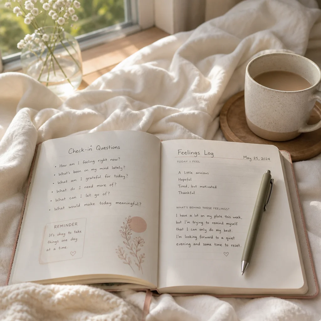 Lifestyle photography style, soft pastel palette. An open journal on a bed with handwritten sections labeled 'Check-in Q