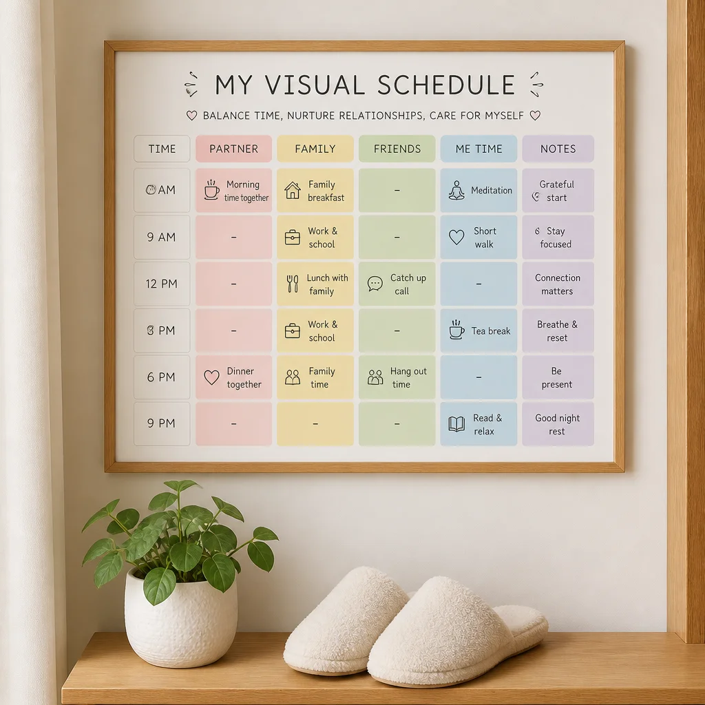 Lifestyle photography style, soft pastel palette. A wall-mounted visual schedule showing color-coded blocks for differen
