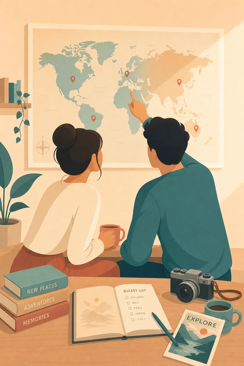 Couple planning a trip while looking at a world map together