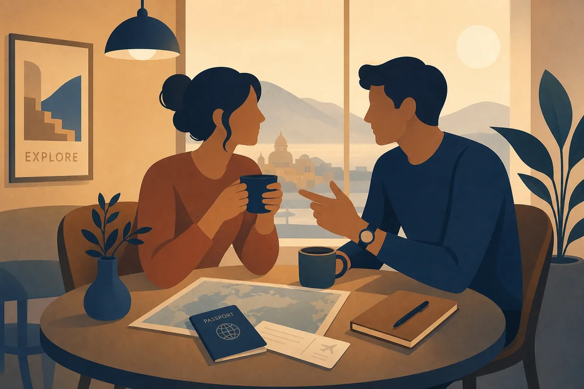 Two people talking over coffee while planning their travel itinerary