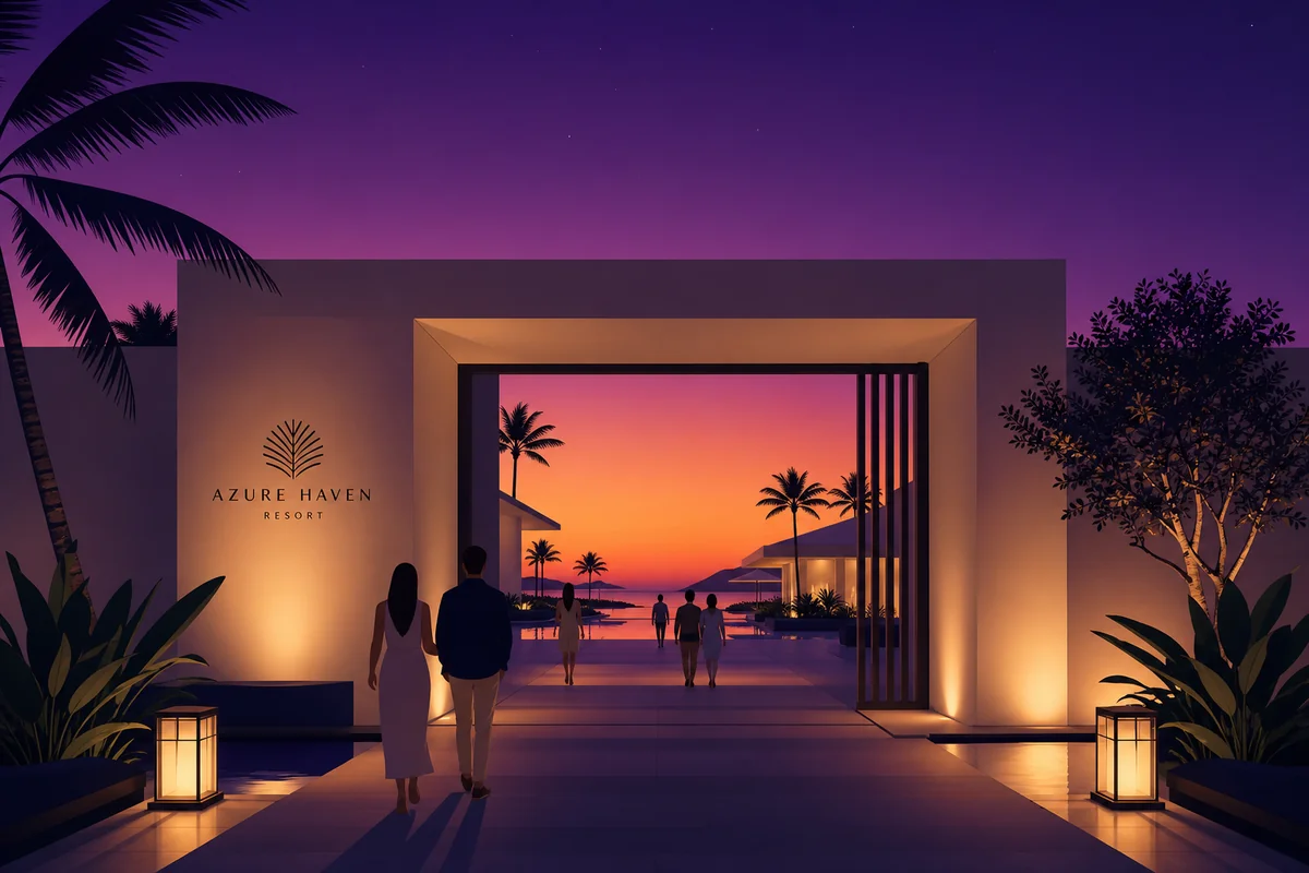 Stylish resort at dusk with travelers arriving for an event