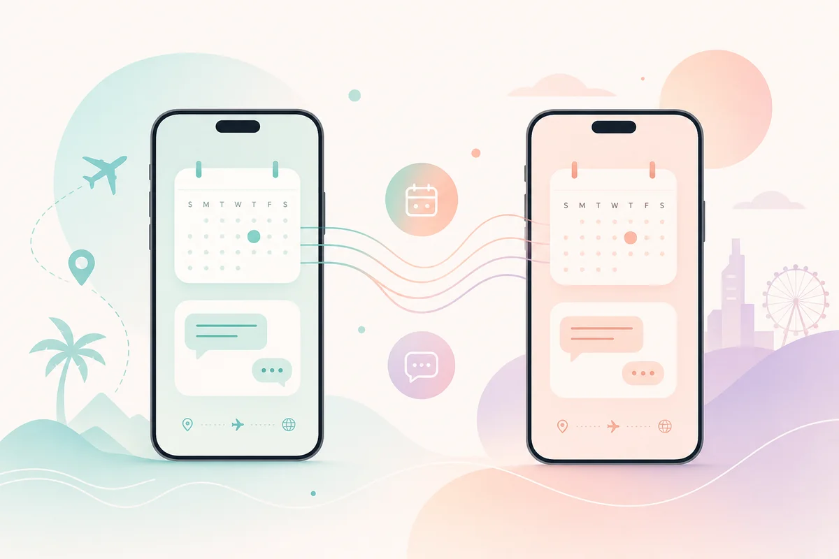Two smartphones connected by flowing lines symbolizing communication during travel