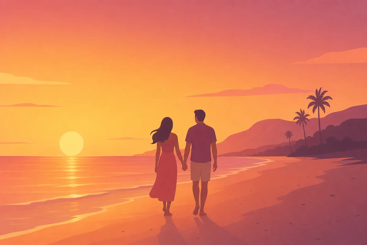 Abstract couple walking along a beach at sunset during a romantic getaway