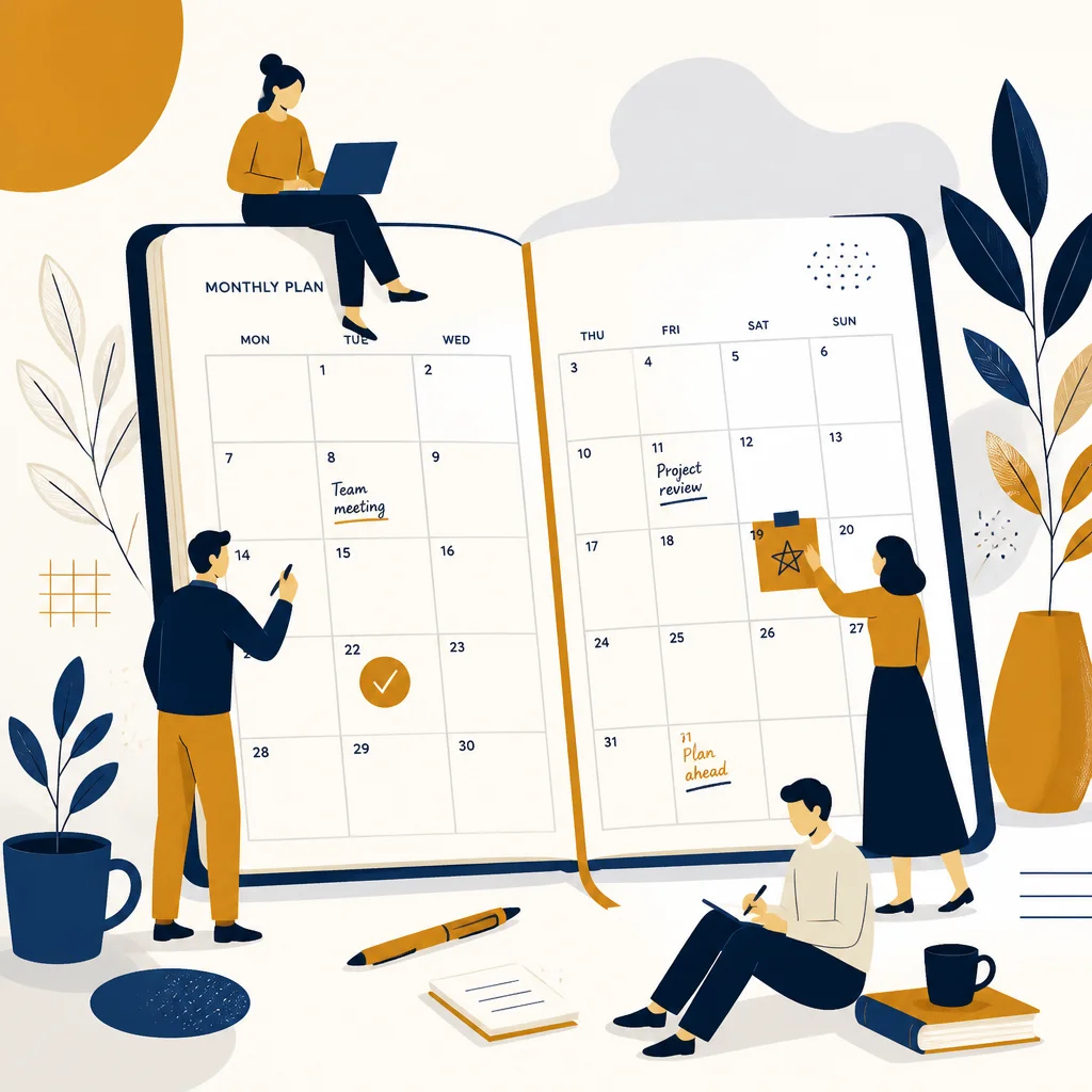 Editorial illustration of an open calendar with stylized figures representing polyamory scheduling