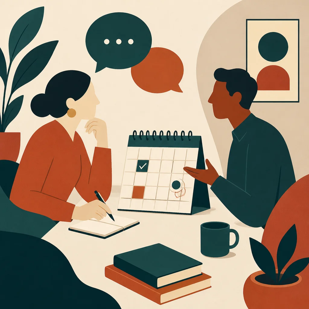 Editorial illustration of two stylized figures at a table with a calendar, planning together