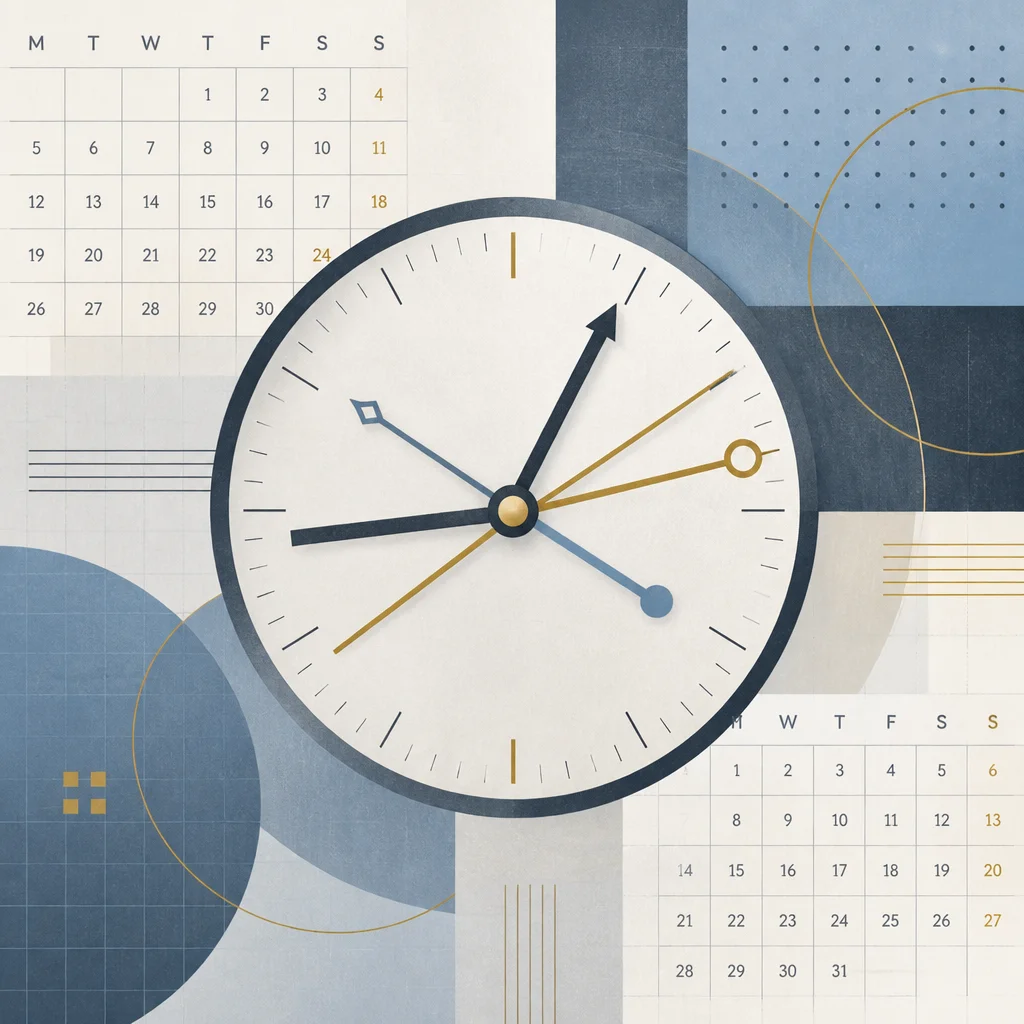 Editorial illustration of an abstract clock with multiple hands and calendar grid patterns