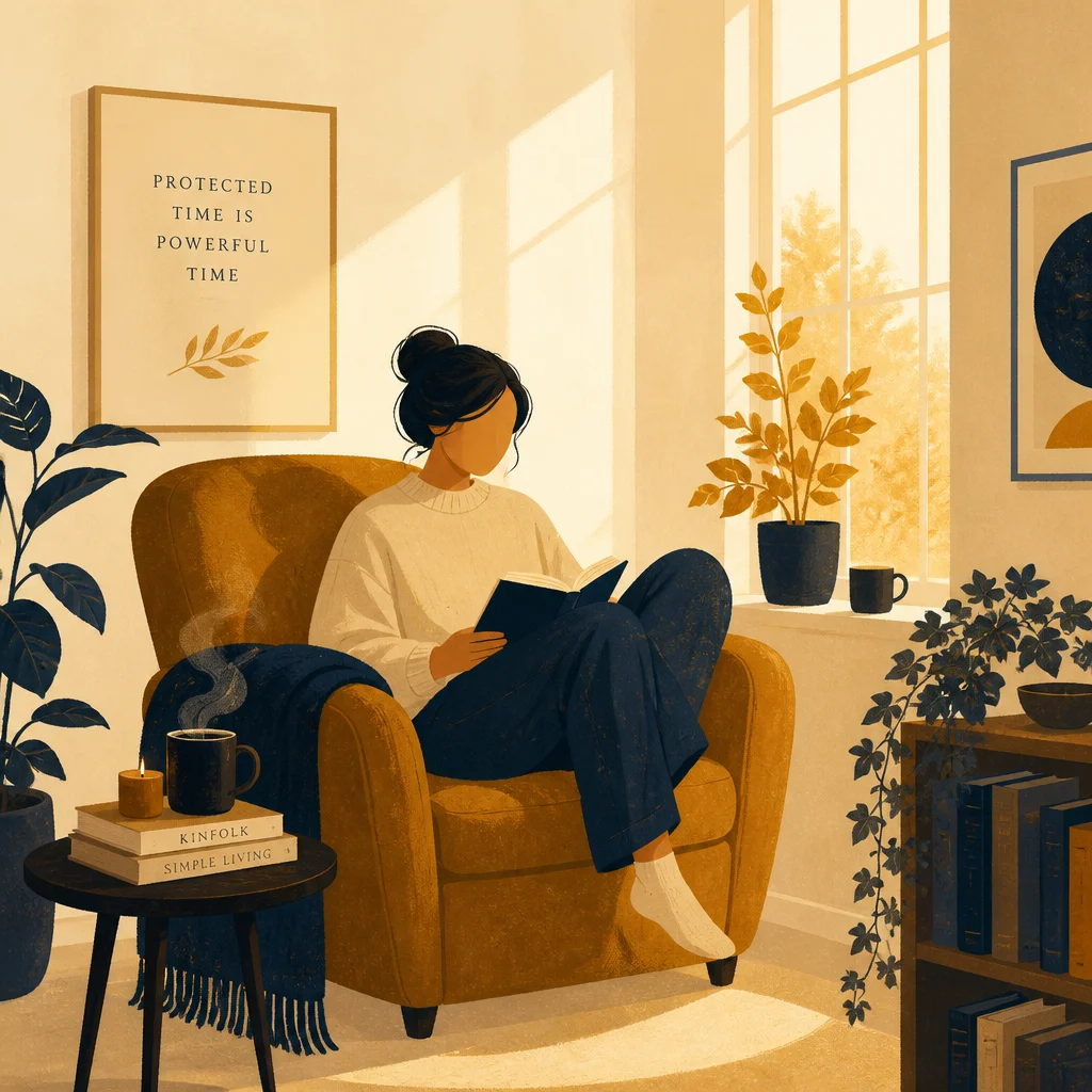 Editorial illustration of a stylized figure relaxing in a chair, representing protected solo time