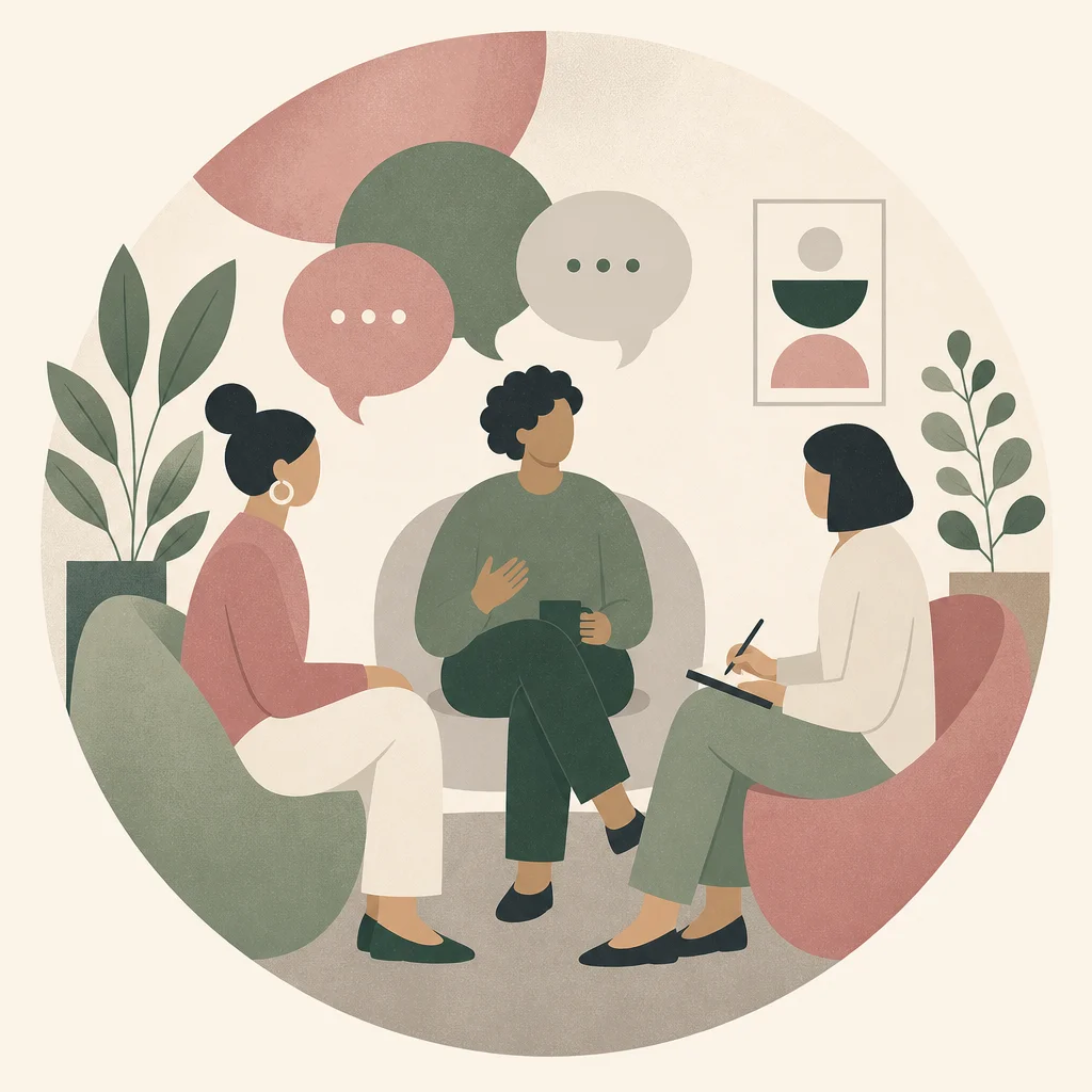 Editorial illustration of three stylized figures in a circular composition suggesting a group check-in discussion