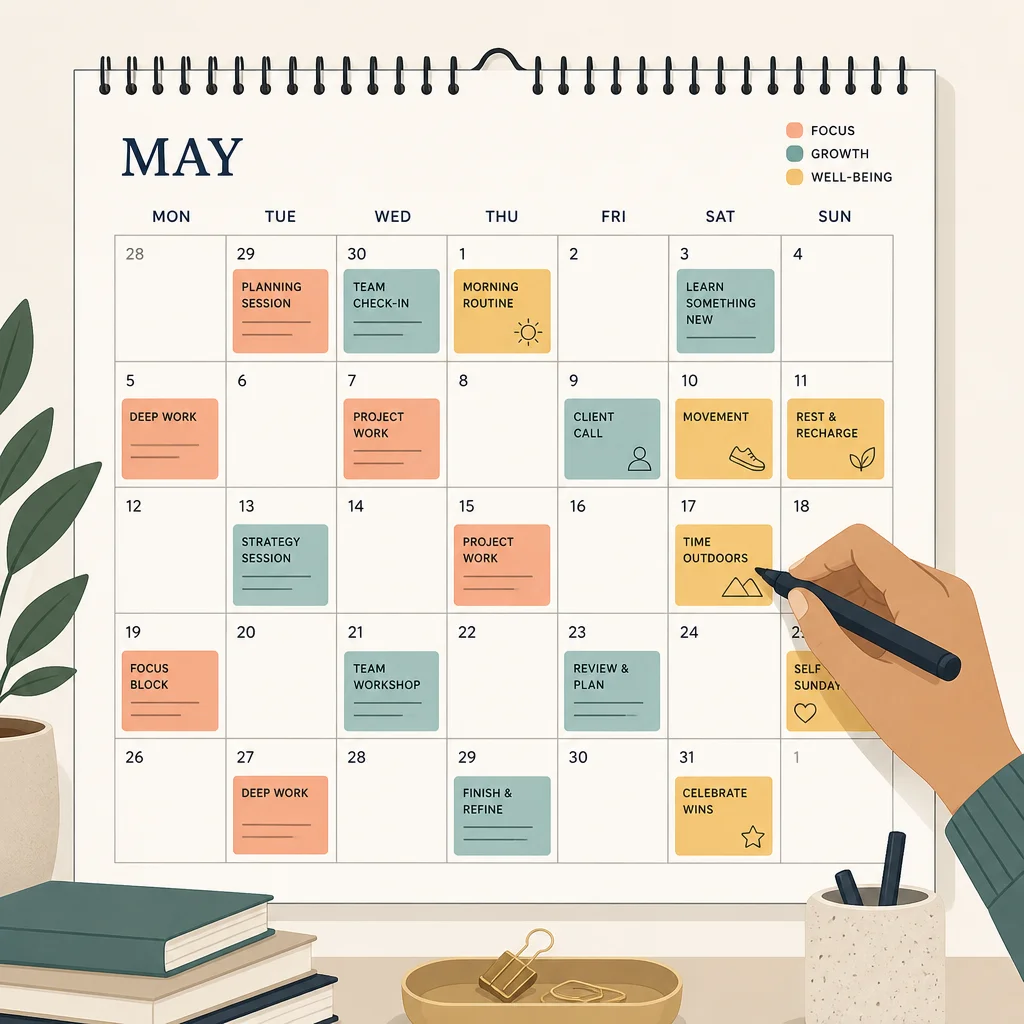 Editorial illustration of an organized calendar grid with color-coded blocks and a hand placing a marker