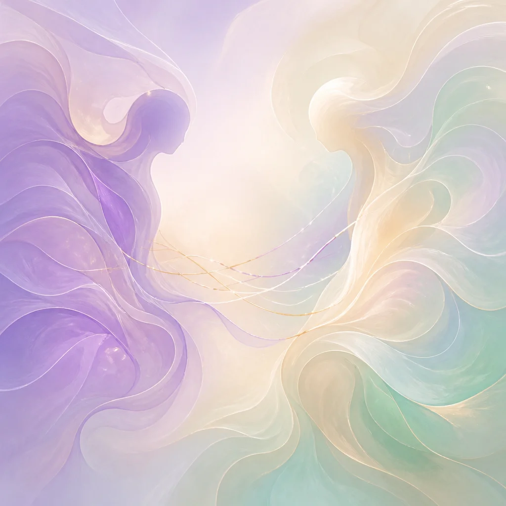 Abstract flowing lavender and cream forms representing emotional distance and reconnection process