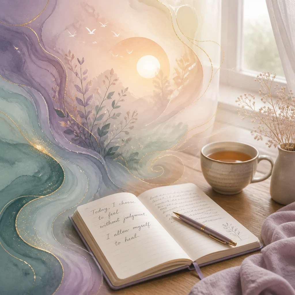 Journal and pen on wooden table near window symbolizing emotional processing through writing