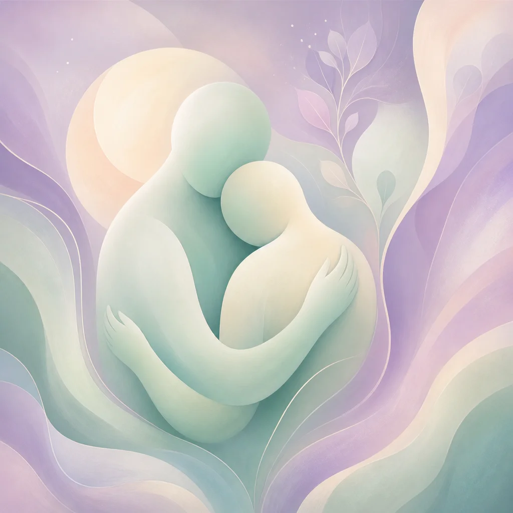 Abstract forms in gentle embrace in mint and cream gradients representing reassurance and emotional support