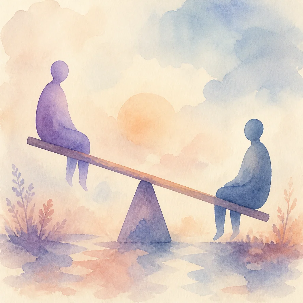 Watercolor illustration of two abstract figures on a seesaw representing dating imbalance in polyamory