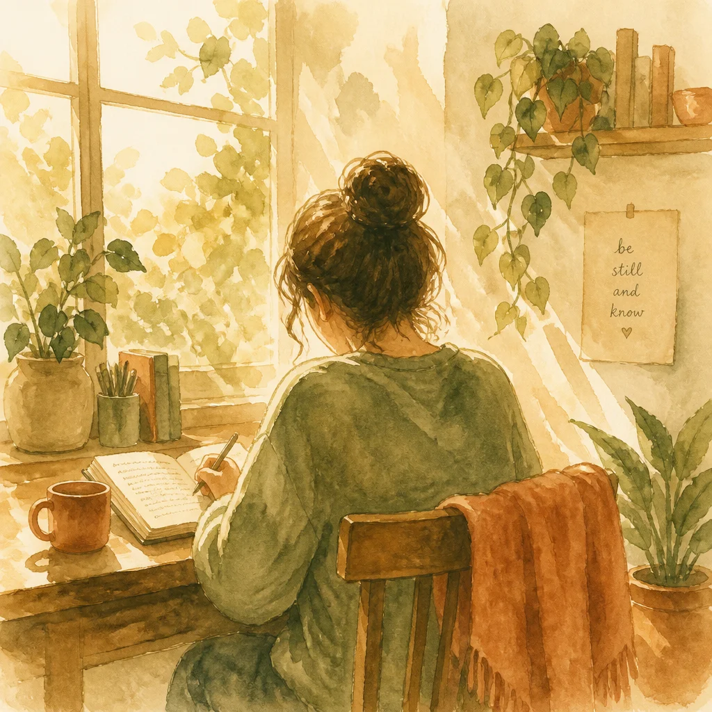 Watercolor illustration of a person journaling by a window with warm golden light, representing self-reflection