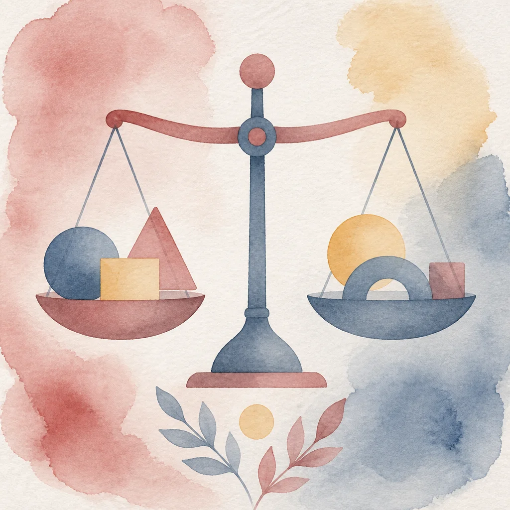 Watercolor illustration of an abstract balance scale with symbolic shapes representing needs versus fairness