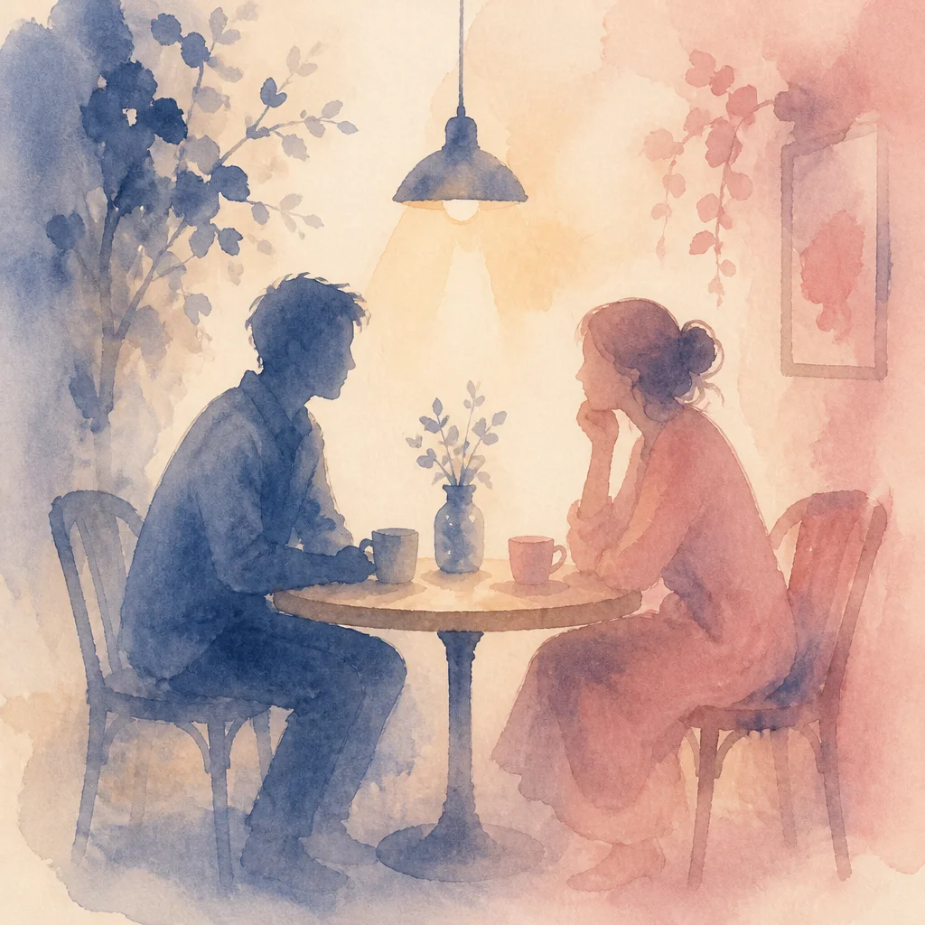 Watercolor illustration of two figures sitting at a table having a calm conversation in indigo and blush tones