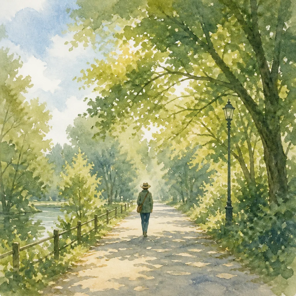 Watercolor illustration of a person walking peacefully along a park path with soft green foliage