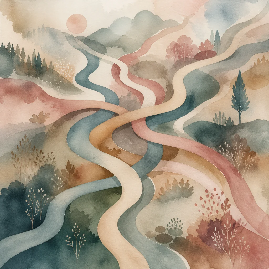 Watercolor illustration of abstract intertwined paths crossing and reconnecting in soft earth tones
