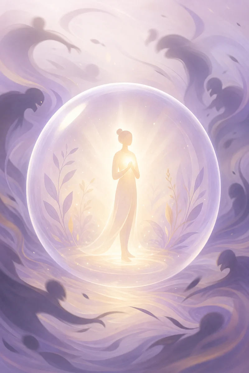 Abstract figure inside protective bubble representing emotional resilience against judgment