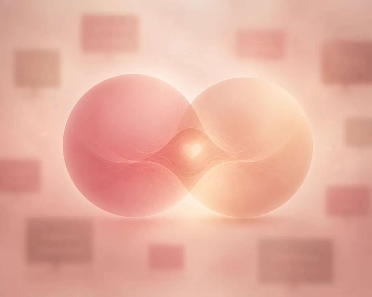 Two connected circles representing a couple's bond amid external judgment