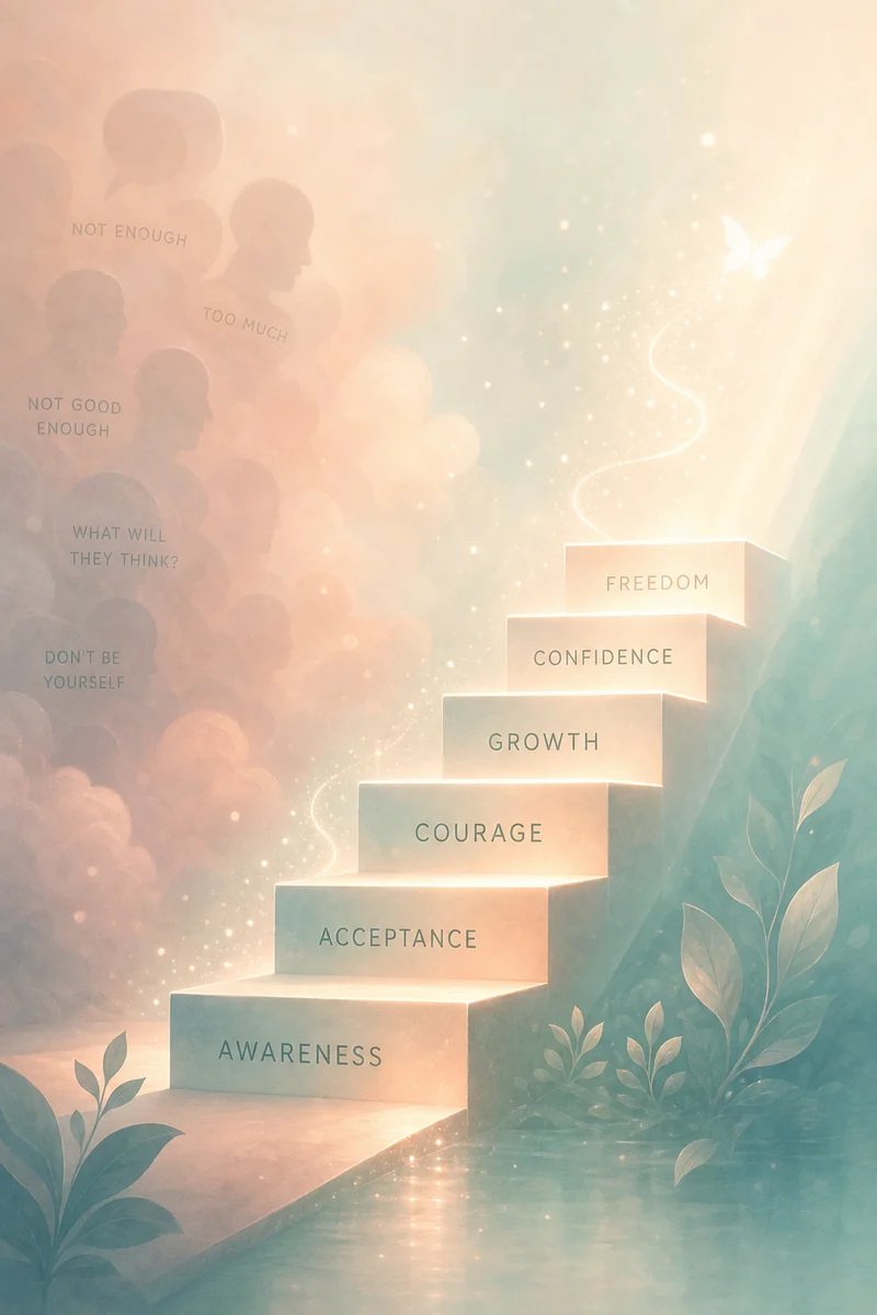 Ascending abstract platforms representing growing confidence against social judgment