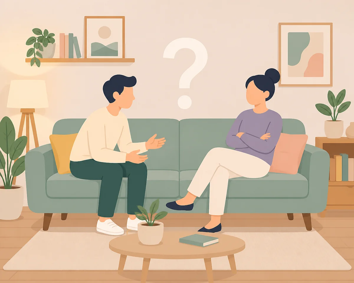 Two illustrated figures sitting on opposite sides of a couch, one looking interested and the other uncertain, with a question mark floating between them