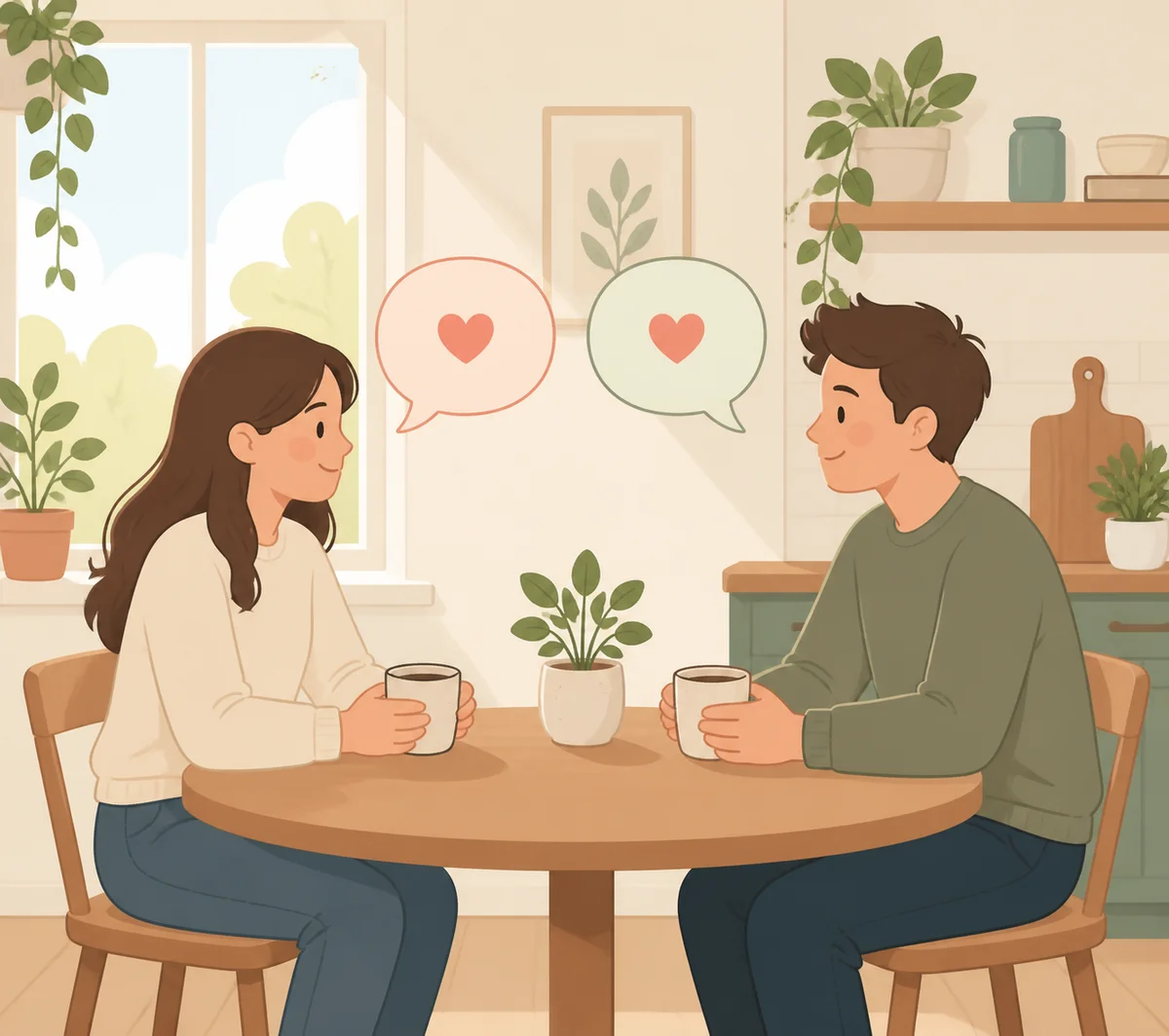 Illustration of a couple having a calm conversation at a kitchen table with coffee cups, speech bubbles showing equal dialogue