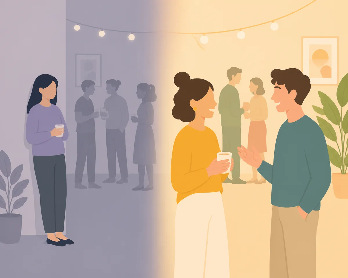 Split-screen illustration showing a person alone at a party on one side, and a couple talking together on the other