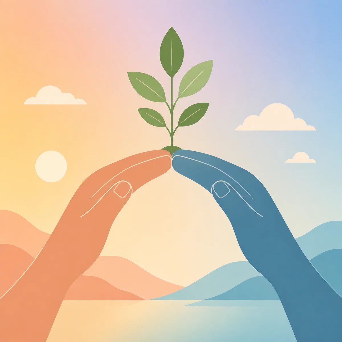 Two simplified hands forming a bridge together, with a small plant growing in the center of the bridge