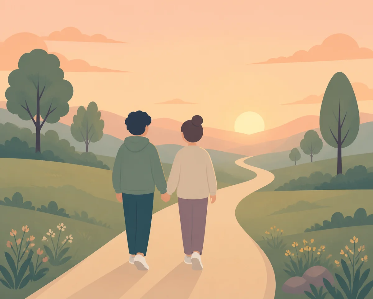 Two figures walking side by side on a winding path through a calm landscape, holding hands loosely