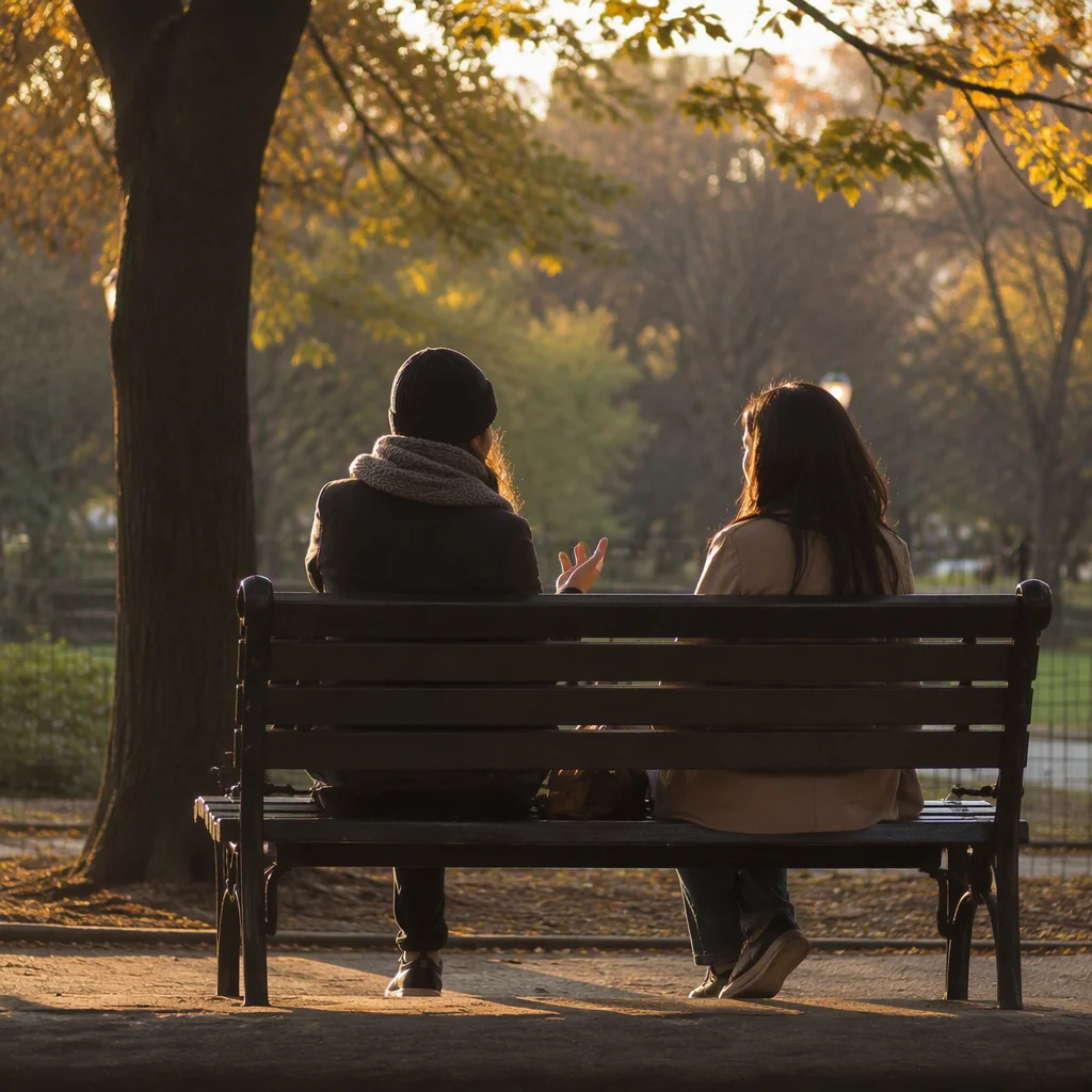 Two people talking on a park bench about which dynamic fits them