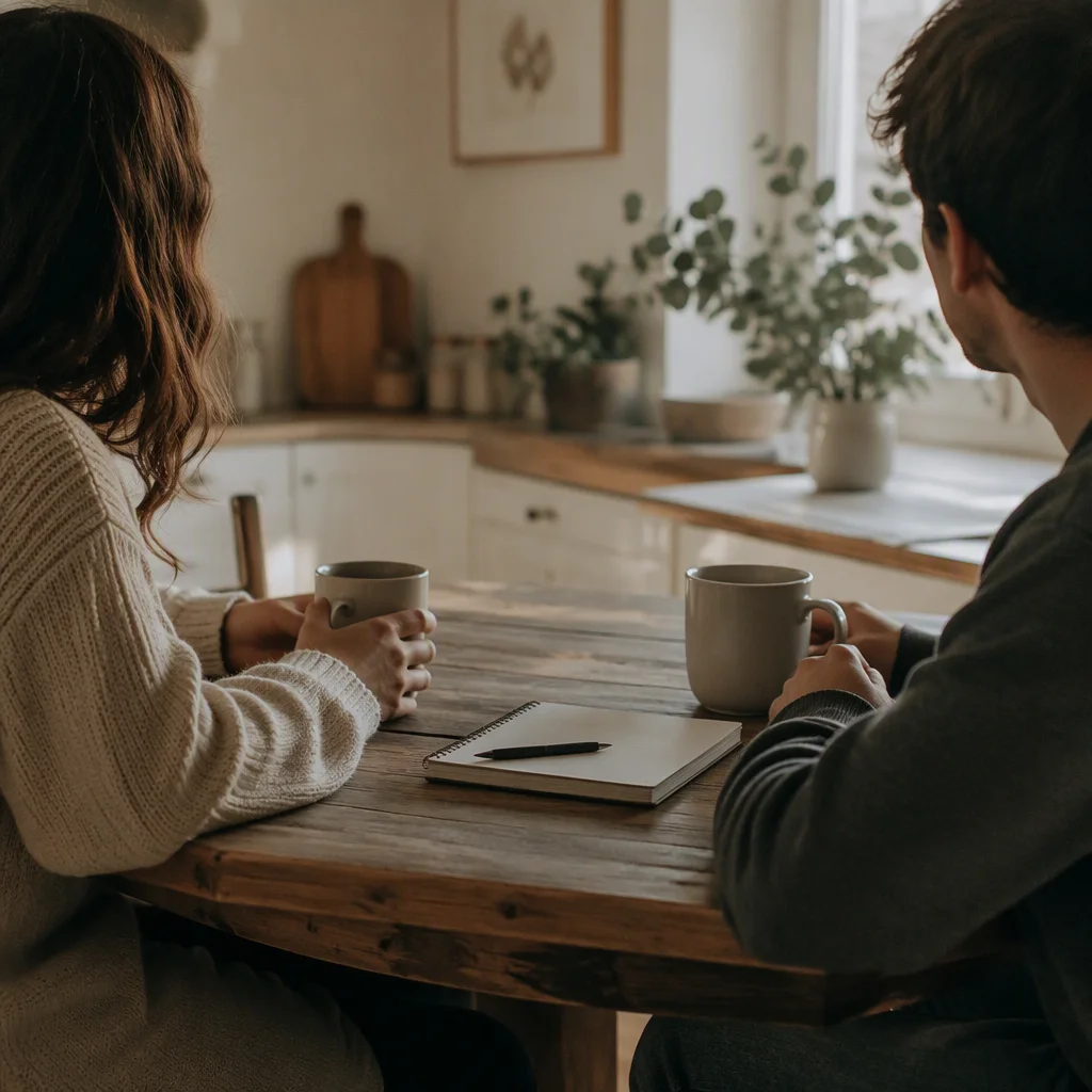 A couple writing down what they want at the kitchen table