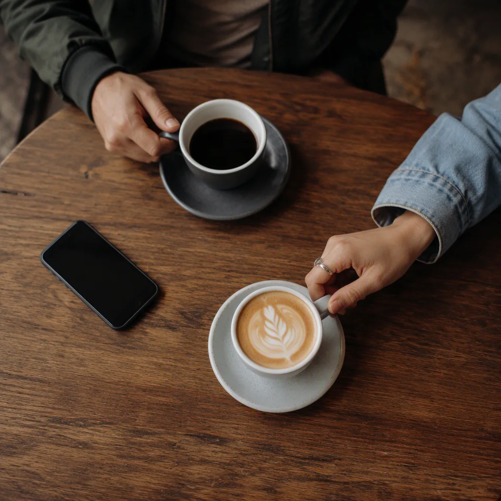 Two people having coffee while talking through their options