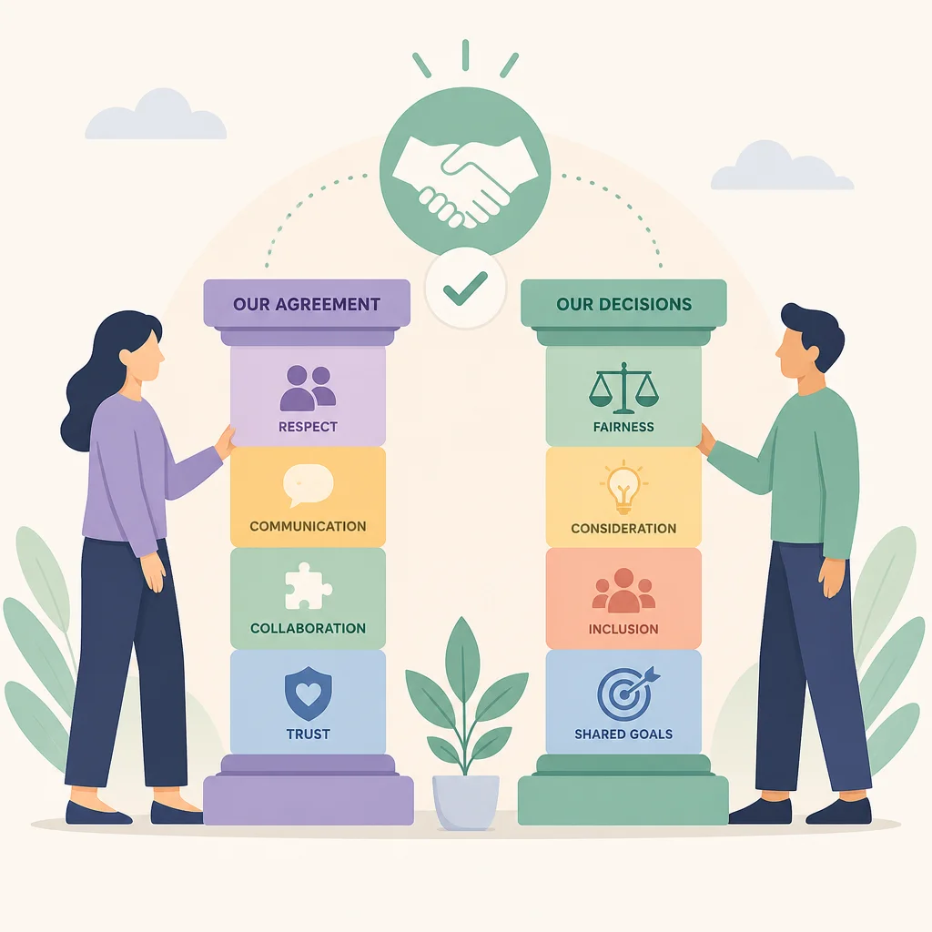 Two balanced columns representing a shared agreement