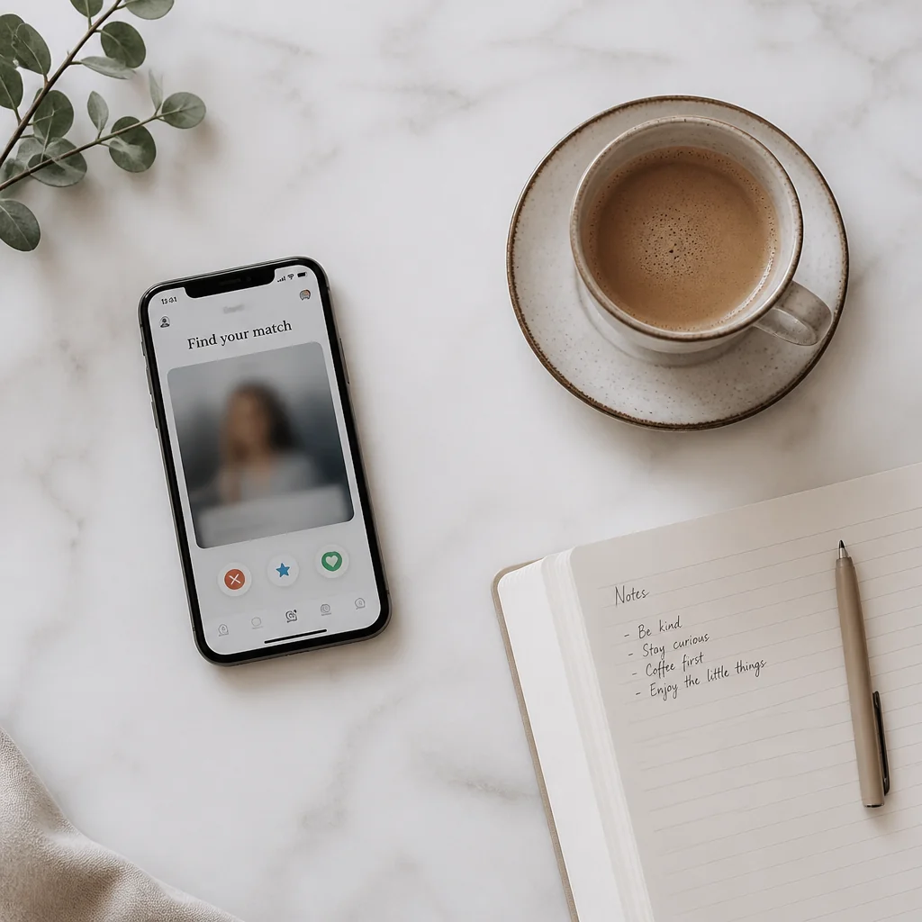 Editorial flat-lay of a phone, coffee cup, and notebook on a marble surface