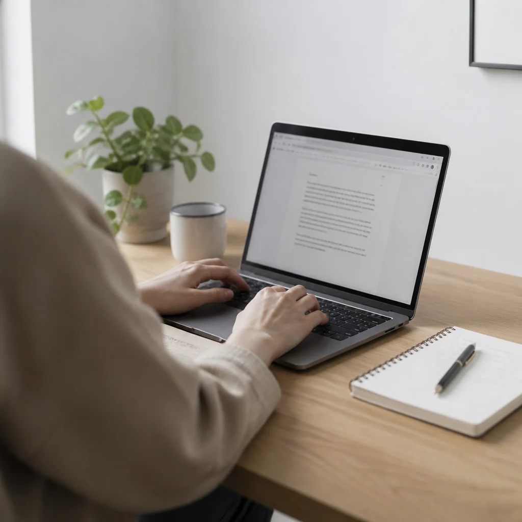 Hands typing on a laptop at a clean desk, editorial photography