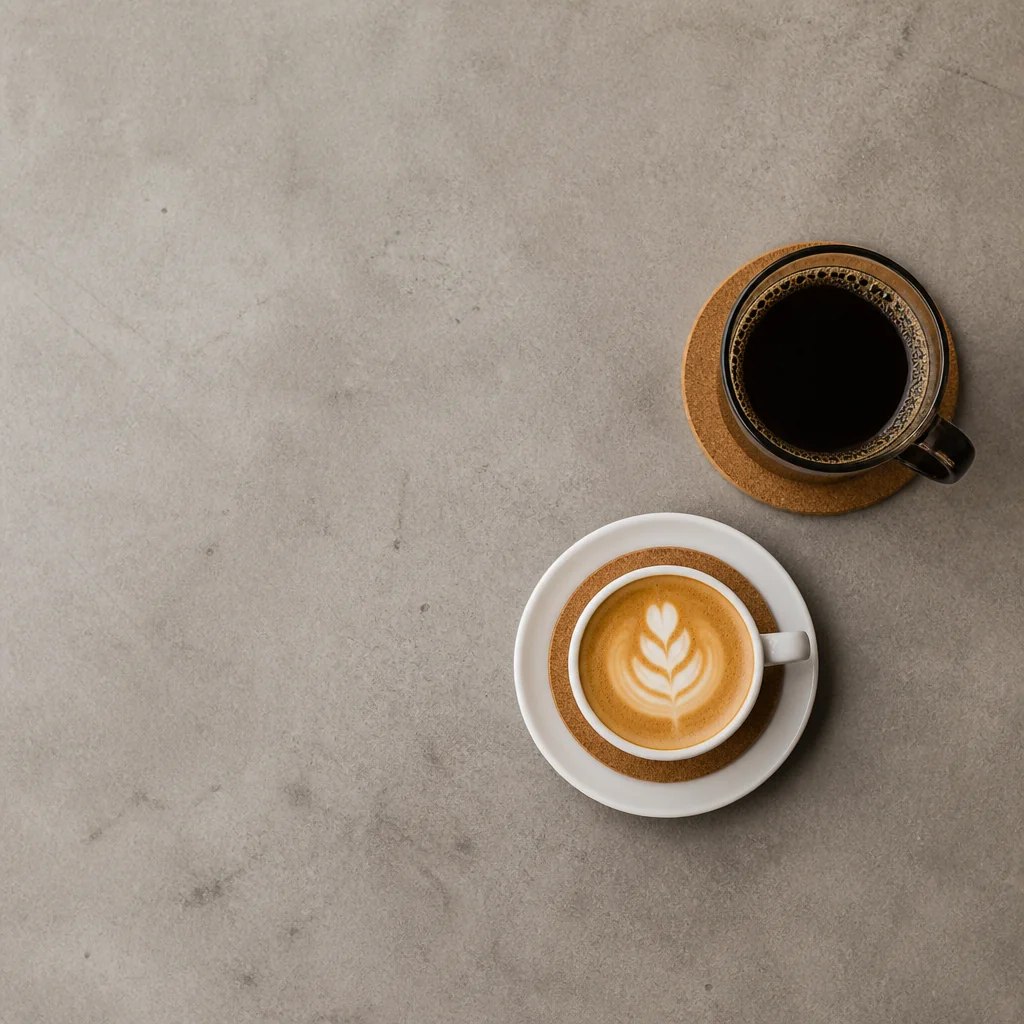 Two coffee cups on a table seen from above, minimal editorial composition