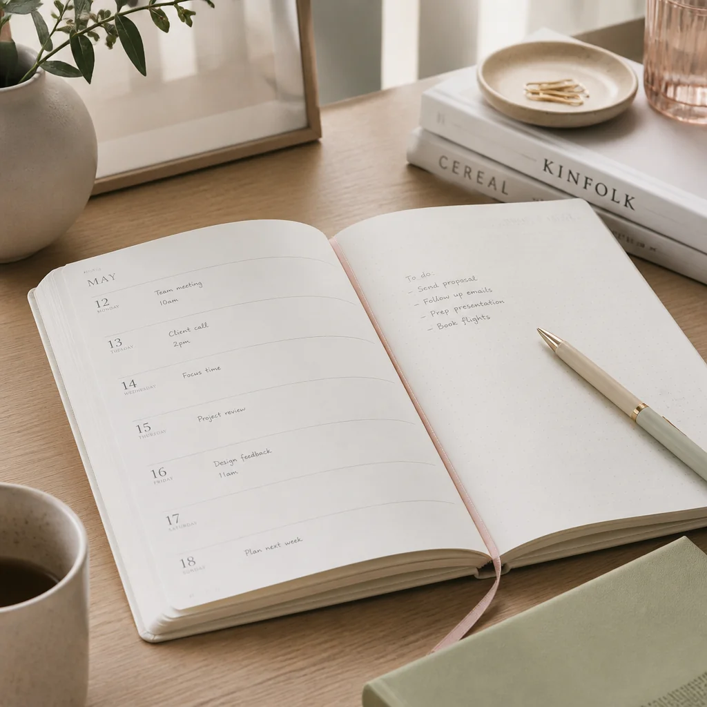 An open planner with a pen on a tidy desk