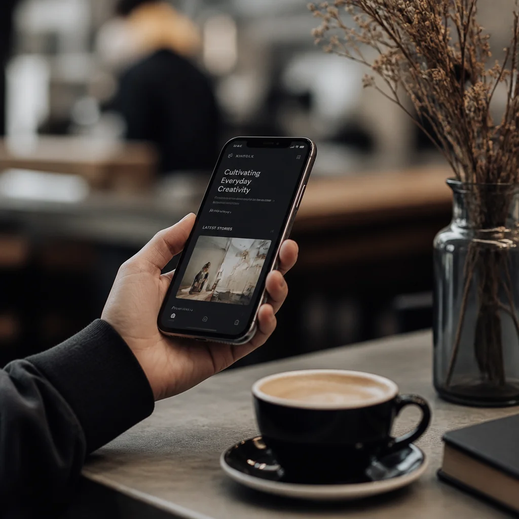 A hand holding a phone with a softly blurred cafe background