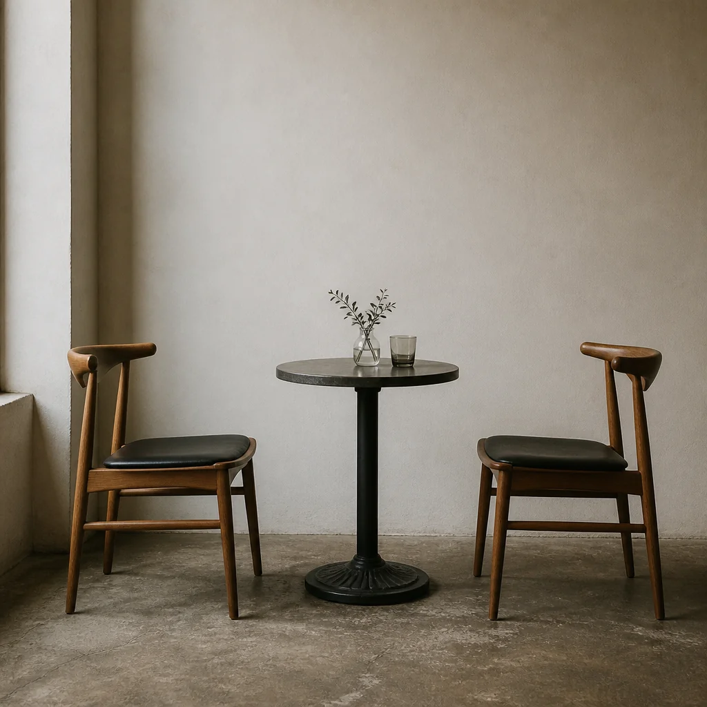 Two chairs facing each other across a small table, minimal editorial composition
