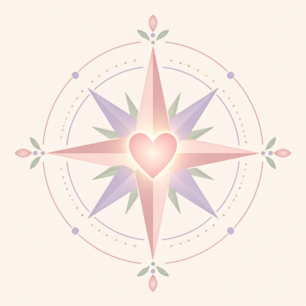 A soft pastel compass rose with a glowing heart at its center
