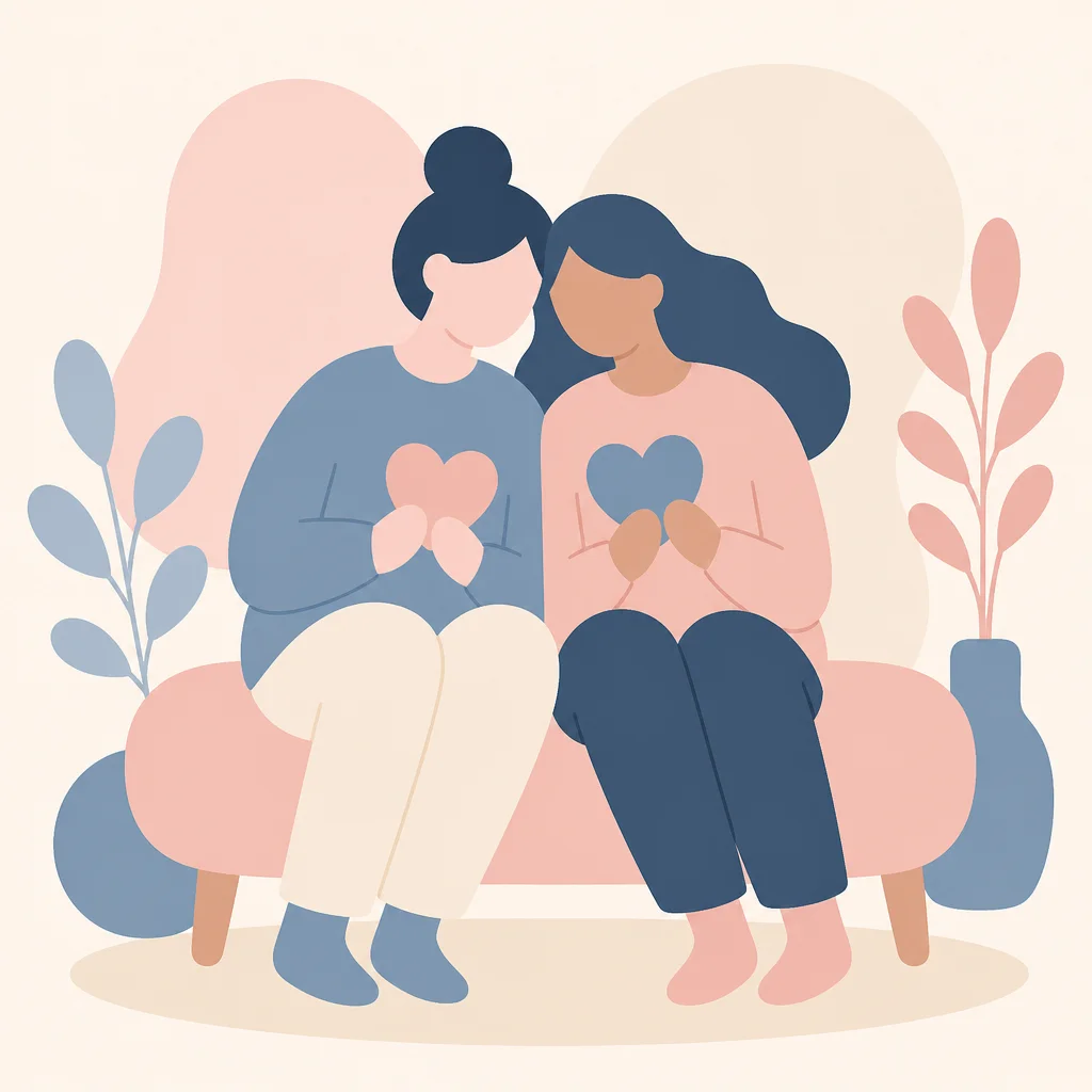 Two stylized figures sitting together on a bench holding abstract heart shapes